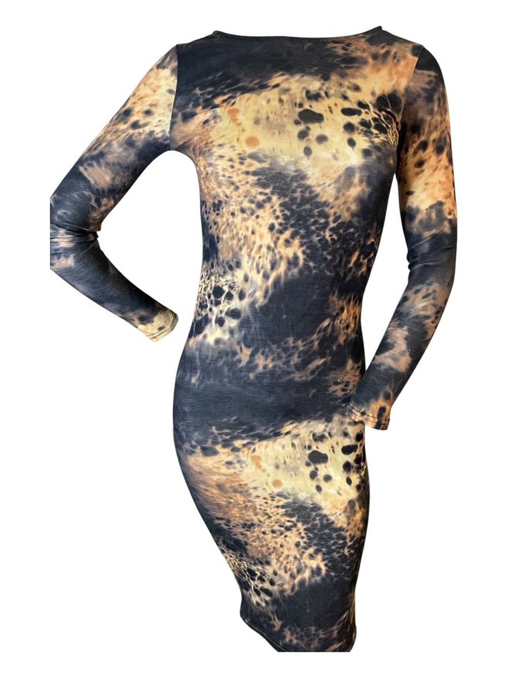 Long Sleeve Bodycon Dress in Black and Tan Animal Print